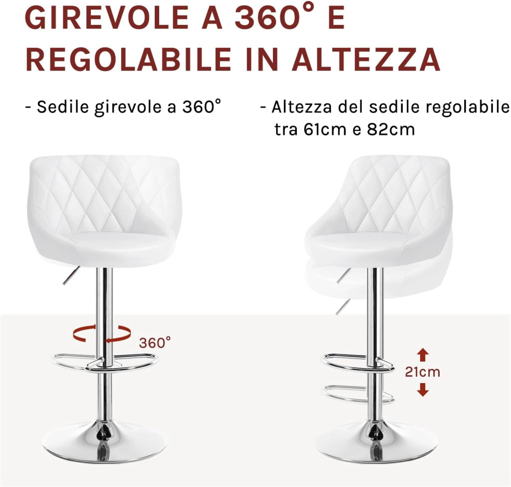Sgabello da Bar Moderno Girevole Sedia Cucina Alta con Schienale Quadrato Poggiapiedi Senza Braccioli Altezza Regolabile in PU Bianco 1 Pezzo