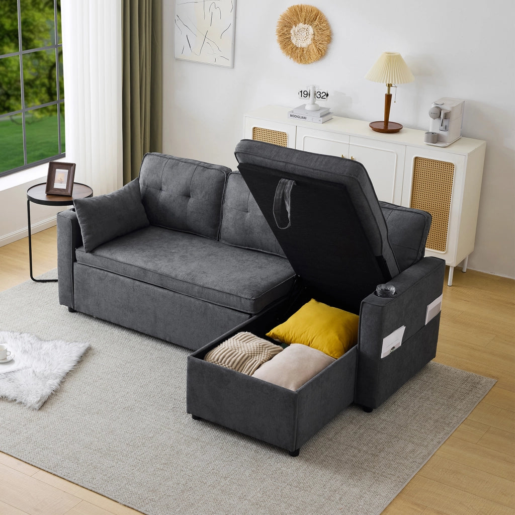 SOFA LETTO Reversibile con contenitore 211x130x86 cm Grigio Cotone/Lino