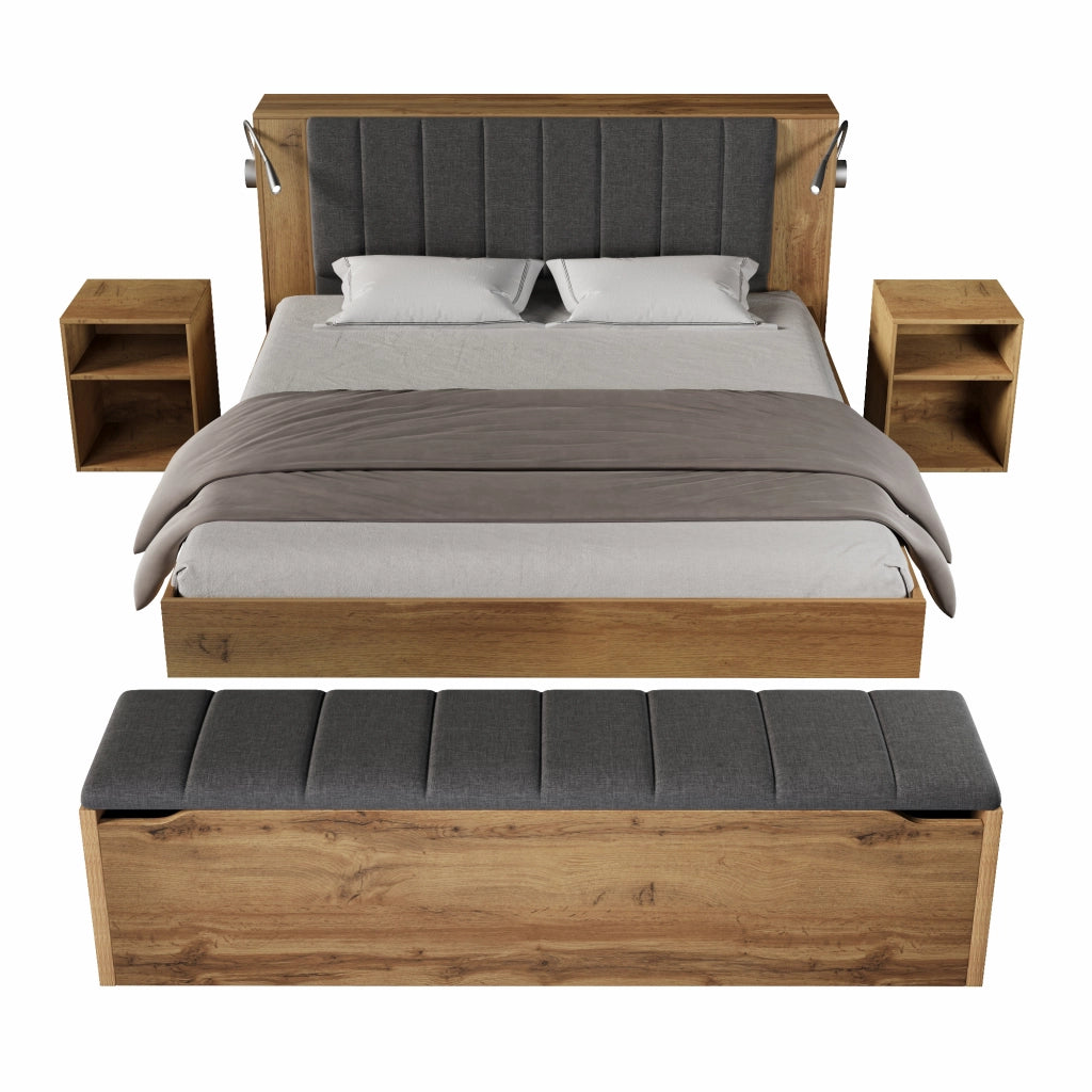OKWISH Letto Contenitore 160×200 cm, Letto Matrimoniale con Lampade da Lettura, USB, 2 Comodini e Panca Contenitore, senza Materasso