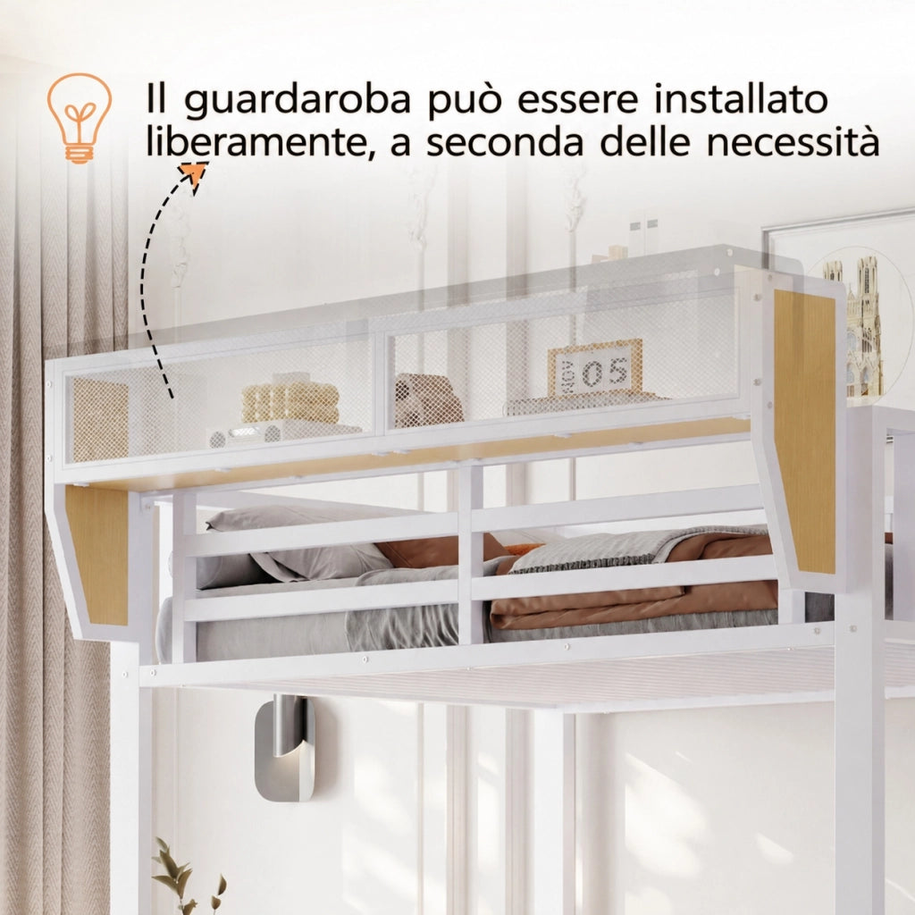 Letto a soppalco 90x200 con scala di sicurezza e LED, metallo e MDF, bianco e nero