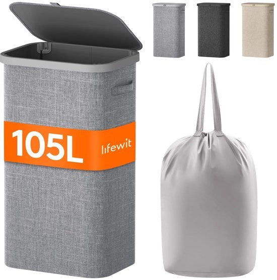 Wastino 105L con coperchio, grande contenitore per bucato con struttura in plastica, contenitore per bucato pieghevole grande, raccolta per bucato per camera da letto, bagno, grigio chiaro