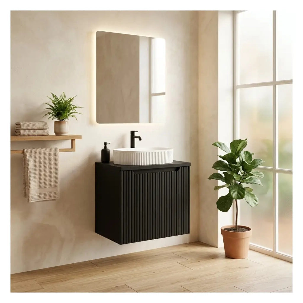 Set da bagno VANO 60cm : mobile sottolavabo con ante + piano per lavabo + lavabo da appoggio con scanalature verticali