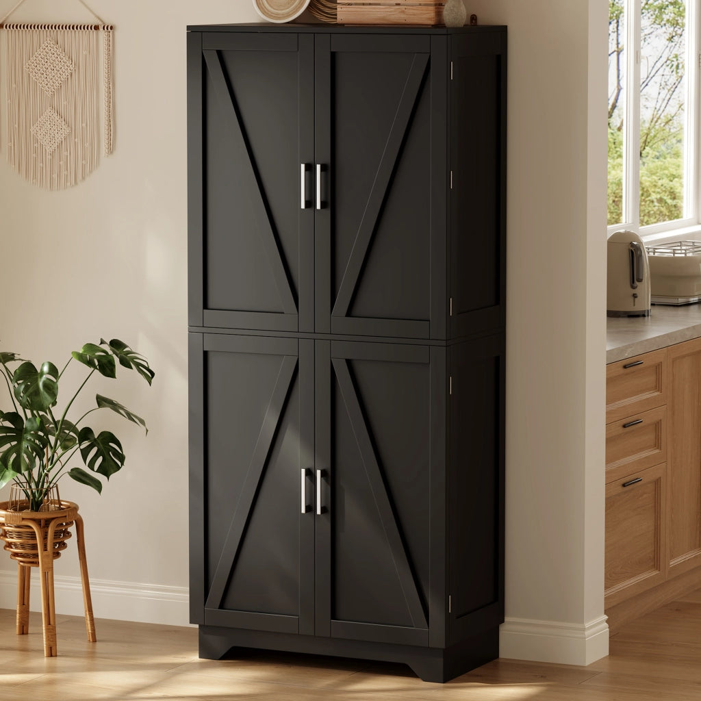 Credenza da cucina nera con 4 ante; vani aperti e portabottiglie - 80×40×180 cm