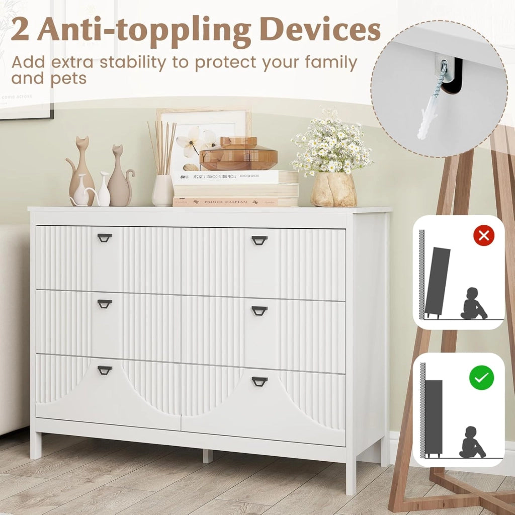 Cassettiera in legno con 6 cassetti, mobile portaoggetti con kit antiribaltamento, 106 x 40 x 79 cm, aspetto elegante, cassettiera per camera da letto, soggiorno, ingresso, bianco