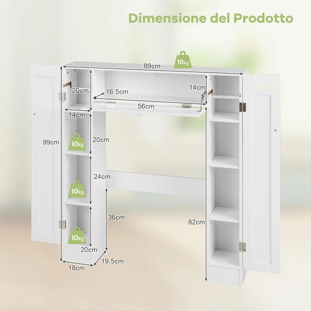 Mobile Sopra WC, Mobile per Bagno con Ripiani Regolabili Portarotolo per Carta Igienica e Anta Ribaltabile, Ideale per Bagno Lavanderia, 89x19,5x99 cm