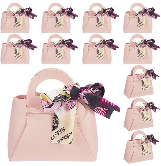 Scatola di regalo 12 pezzi - Pelle PU - Rosa - Con maniglia - Imballaggio riciclabile - 12 x 5 x 13 cm - Inclusi nastri colorati - Imballo da regalo