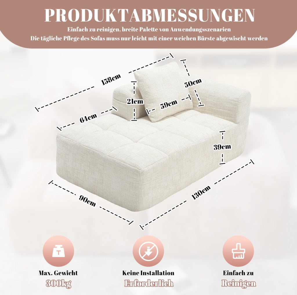 Divano chaise longue in ciniglia beige con tasche laterali e cuscino