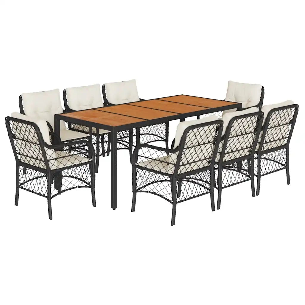 Set da Pranzo da Giardino 9 pz con Cuscini Nero in Polyrattan