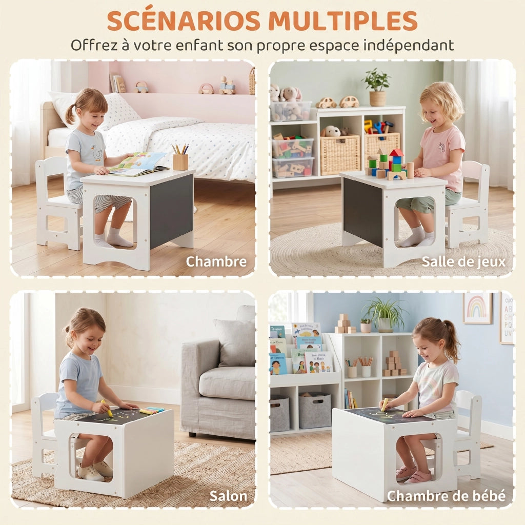Scrivania e Sedia per Bambini con Piano Reversibile Lavagna Nera ¨C Xylo ¨C Bianco, 3-6 Anni