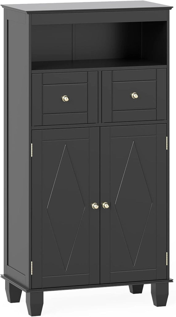 Armadietto da bagno da 108 cm, autoportante con 2 cassetti, ripiano regolabile e ripiano aperto, 56 x 30 cm, per lavanderia e ingresso (nero)