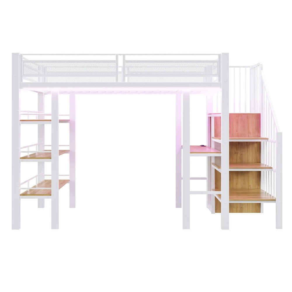 Letto a Soppalco Singolo con LED, Rete a Doghe e Libreria ¨C MINIMAL ¨C Bianco 90x200