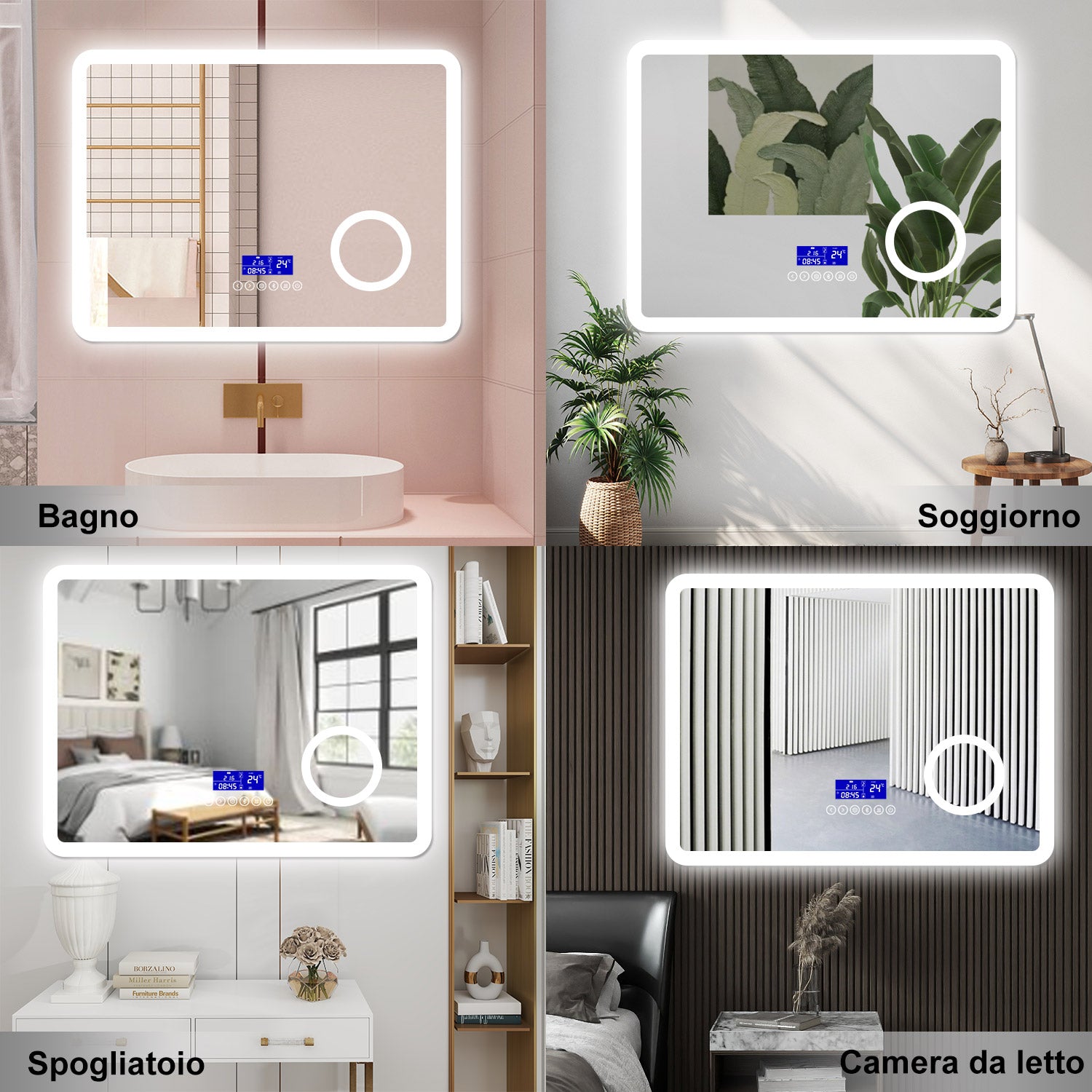 AICA Specchio da bagno  80 x 60 cm, dimmerabile, Blue tooth, Funzione Memoria, antiappannamento, 3 colori, Magnificatore,  orologio