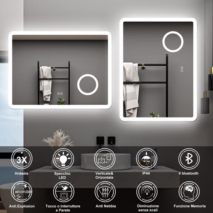 AICA Specchio da bagno  60 x 80 cm, dimmerabile, Blue tooth, Funzione Memoria, antiappannamento, 3 colori, Magnificatore