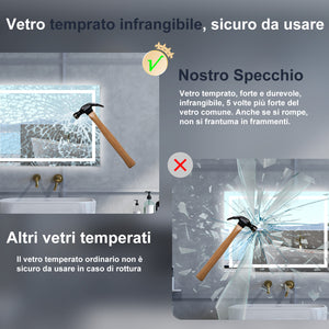 Specchio da bagno Rettangolare con 80x60cm,Memoria, Antifog,Regorabile,Retroilluminato,doppio interruttore,