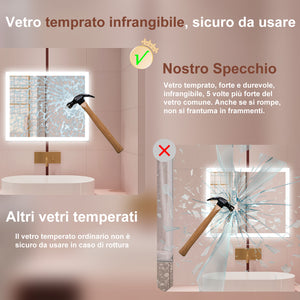 AICA Specchio da bagno  90 x 70 cm, dimmerabile, Funzione Memoria, antiappannamento, 3 colori