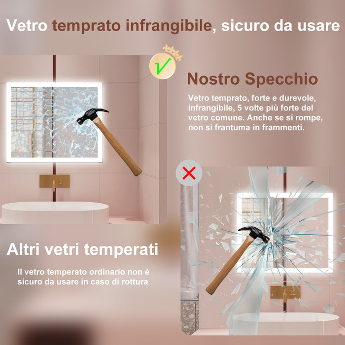 AICA Specchio da bagno  90 x 70 cm, dimmerabile, Funzione Memoria, antiappannamento, 3 colori