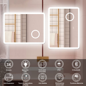 AICA Specchio da bagno  60 x 80 cm, dimmerabile, Blue tooth, Funzione Memoria, antiappannamento, 3 colori, Magnificatore