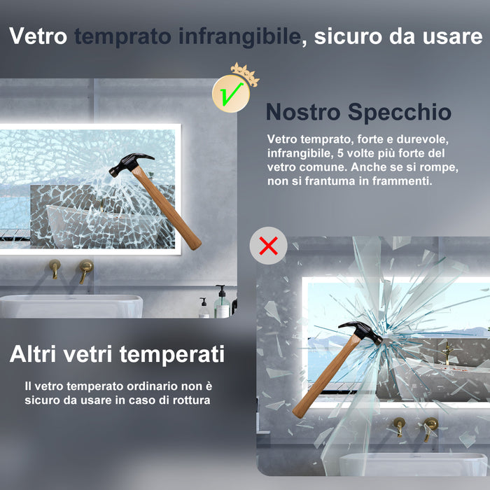 Specchio da bagno Rettangolare con 100x60cm,Memoria, Antifog,Regorabile,Retroilluminato,doppio interruttore,