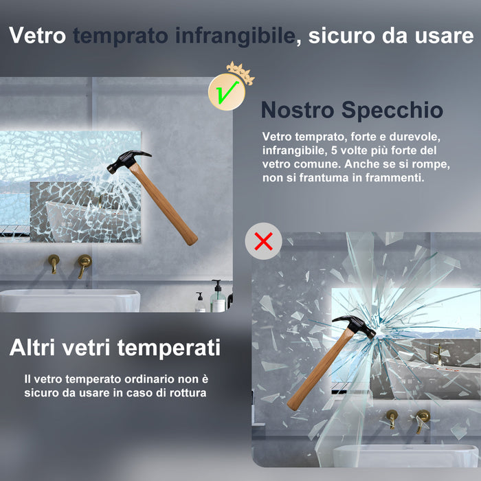 Specchio da bagno Rettangolare con 120x80cm,3 colori,Memoria, Antifog,Regorabile,Retroilluminato,doppio interruttore,