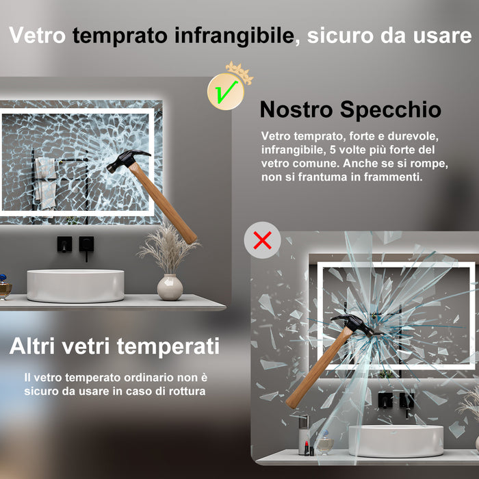 AICA Specchio da bagno  70 x 50 cm, dimmerabile, interruttore touch, Funzione Memoria, antiappannamento, 3 colori