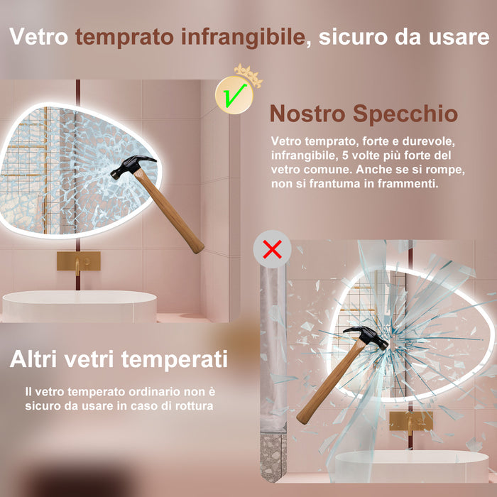 AICA Specchio da bagno  80 x 65 cm, dimmerabile, Funzione Memoria, antiappannamento, 3 colori