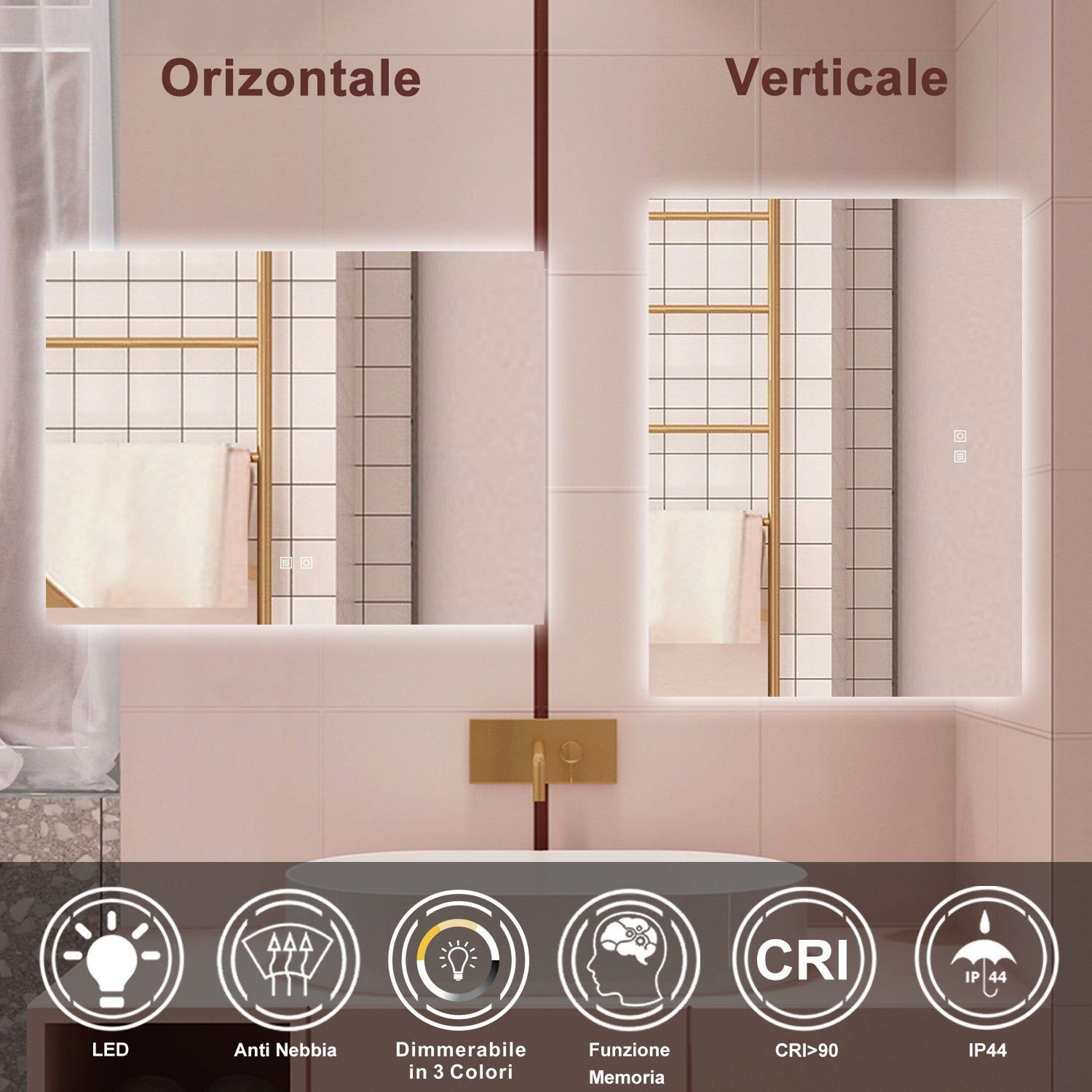 AICA Specchio da bagno  100 x 60 cm, dimmerabile, Funzione Memoria, antiappannamento, 3 colori