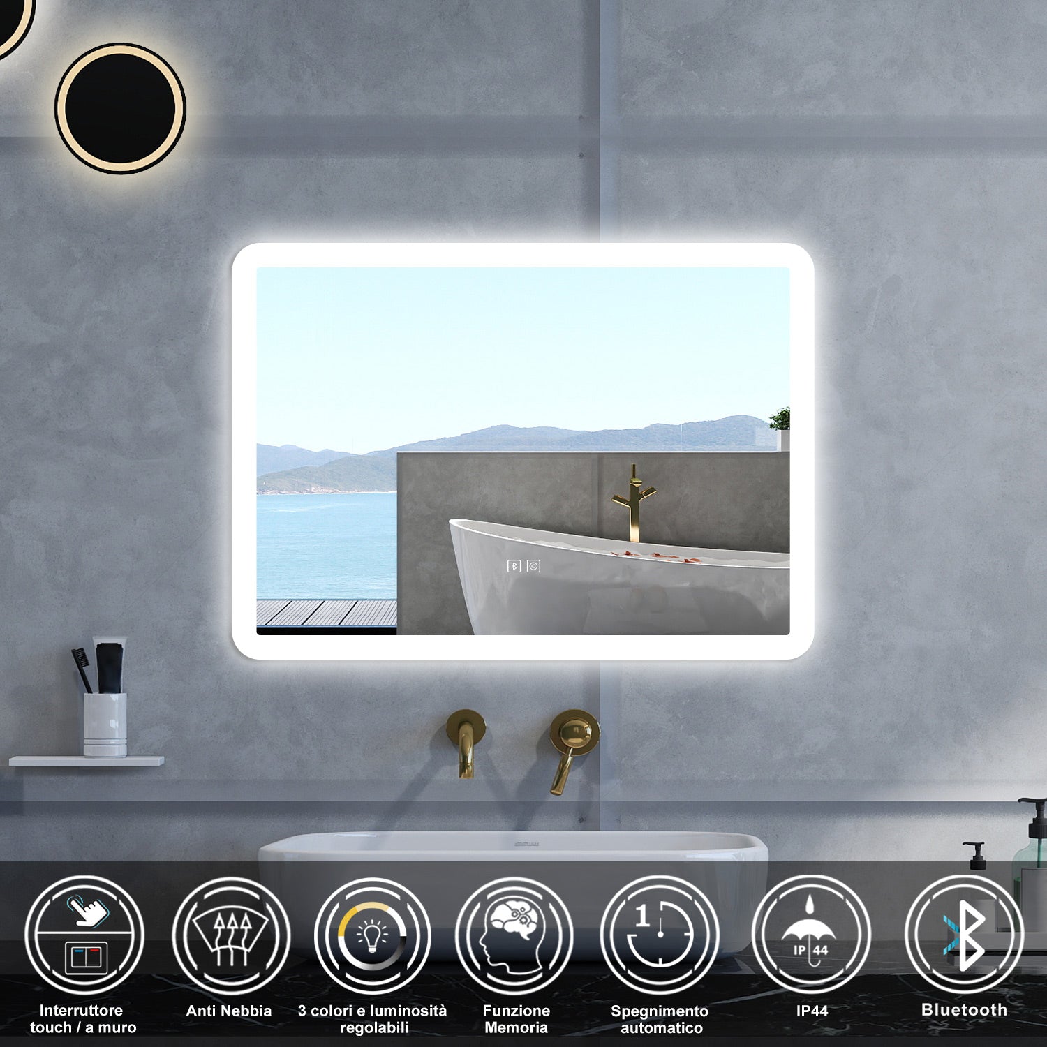 Specchio da bagno Rettangolare con 70x50cm,Blue tooth,3 colori,Memoria, Antifog,Regorabile,Retroilluminato,doppio interruttore,