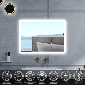 Specchio da bagno Rettangolare con 70x50cm,Blue tooth,3 colori,Memoria, Antifog,Regorabile,Retroilluminato,doppio interruttore,