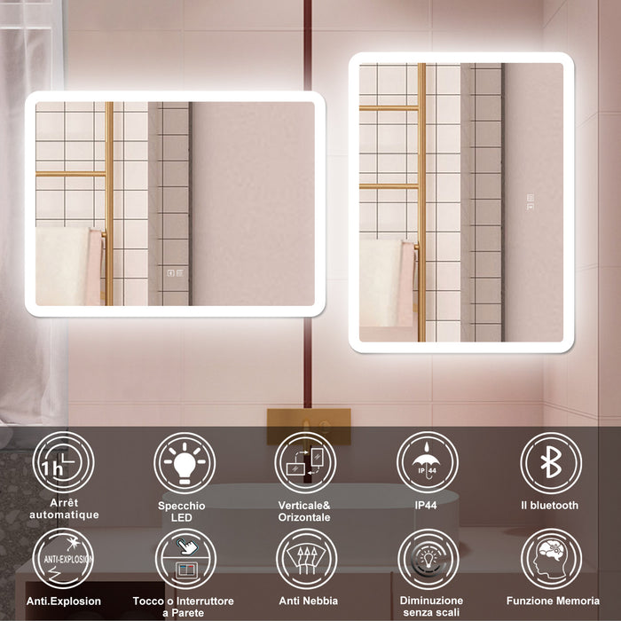 AICA Specchio da bagno  80 x 60 cm, dimmerabile, Blue tooth, Funzione Memoria, antiappannamento, 3 colori