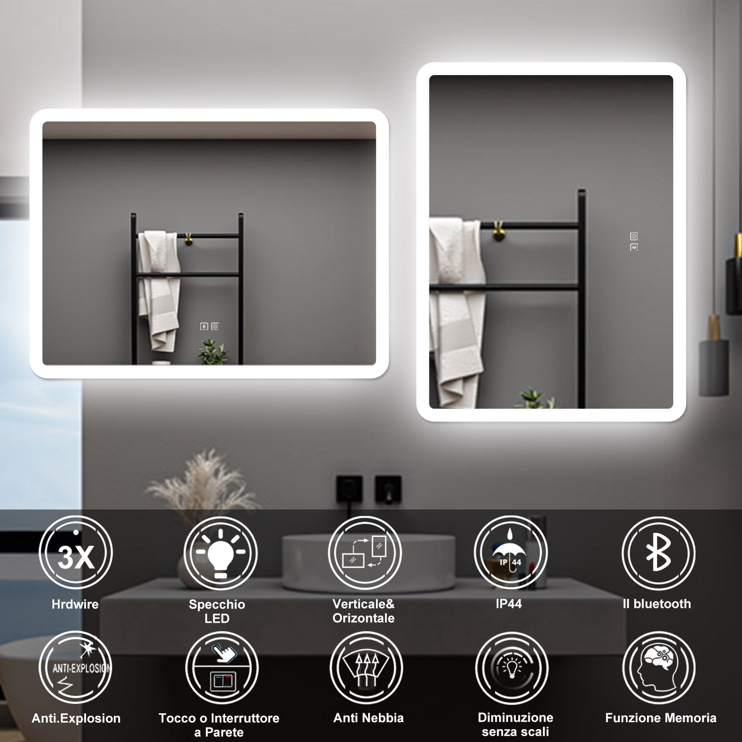 AICA Specchio da bagno  80 x 60 cm, dimmerabile, Blue tooth, Funzione Memoria, antiappannamento, 3 colori