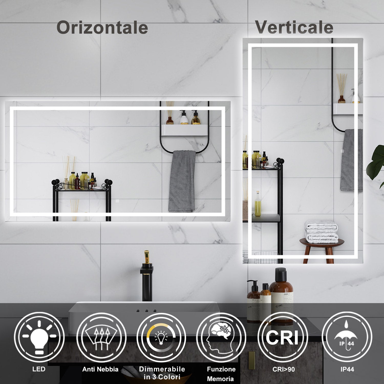 AICA Specchio da bagno  70 x 50 cm, dimmerabile, interruttore touch, Funzione Memoria, antiappannamento, 3 colori