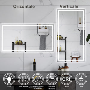 AICA Specchio da bagno  70 x 50 cm, dimmerabile, interruttore touch, Funzione Memoria, antiappannamento, 3 colori