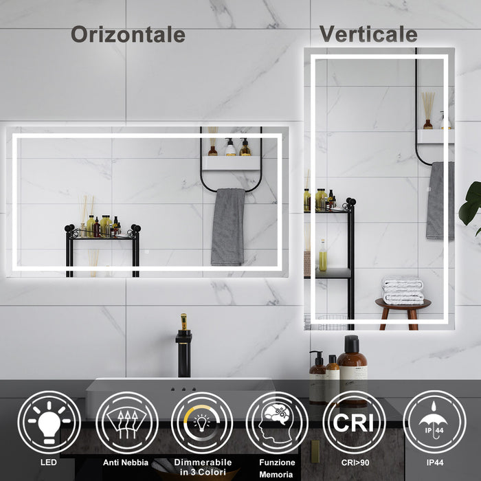 AICA Specchio da bagno  70 x 50 cm, dimmerabile, interruttore touch, Funzione Memoria, antiappannamento, 3 colori