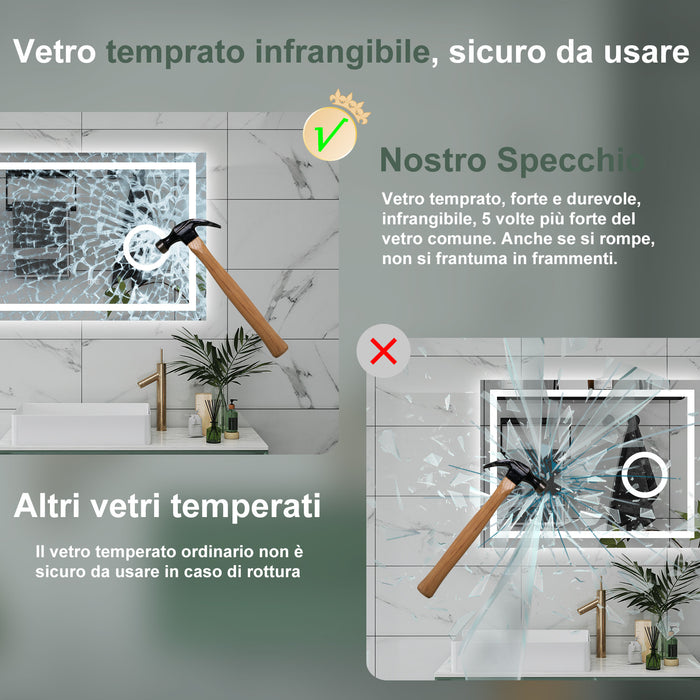 AICA Specchio da bagno  80 x 60 cm, dimmerabile, Blue tooth, Funzione Memoria, antiappannamento, 3 colori, Magnificatore