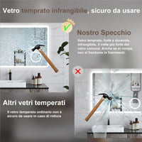 AICA Specchio da bagno  60 x 80 cm, dimmerabile, Blue tooth, Funzione Memoria, antiappannamento, 3 colori, Magnificatore