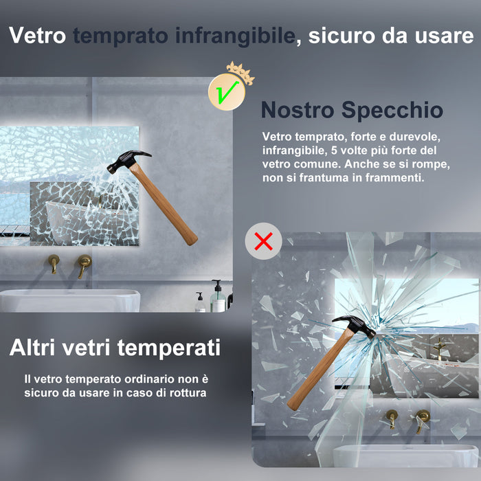 Specchio da bagno Rettangolare con 90x70cm,Memoria, Antifog,Regorabile,Retroilluminato,doppio interruttore,