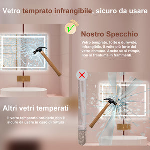 AICA Specchio da bagno  80 x 60 cm, dimmerabile, interruttore touch, Funzione Memoria, antiappannamento