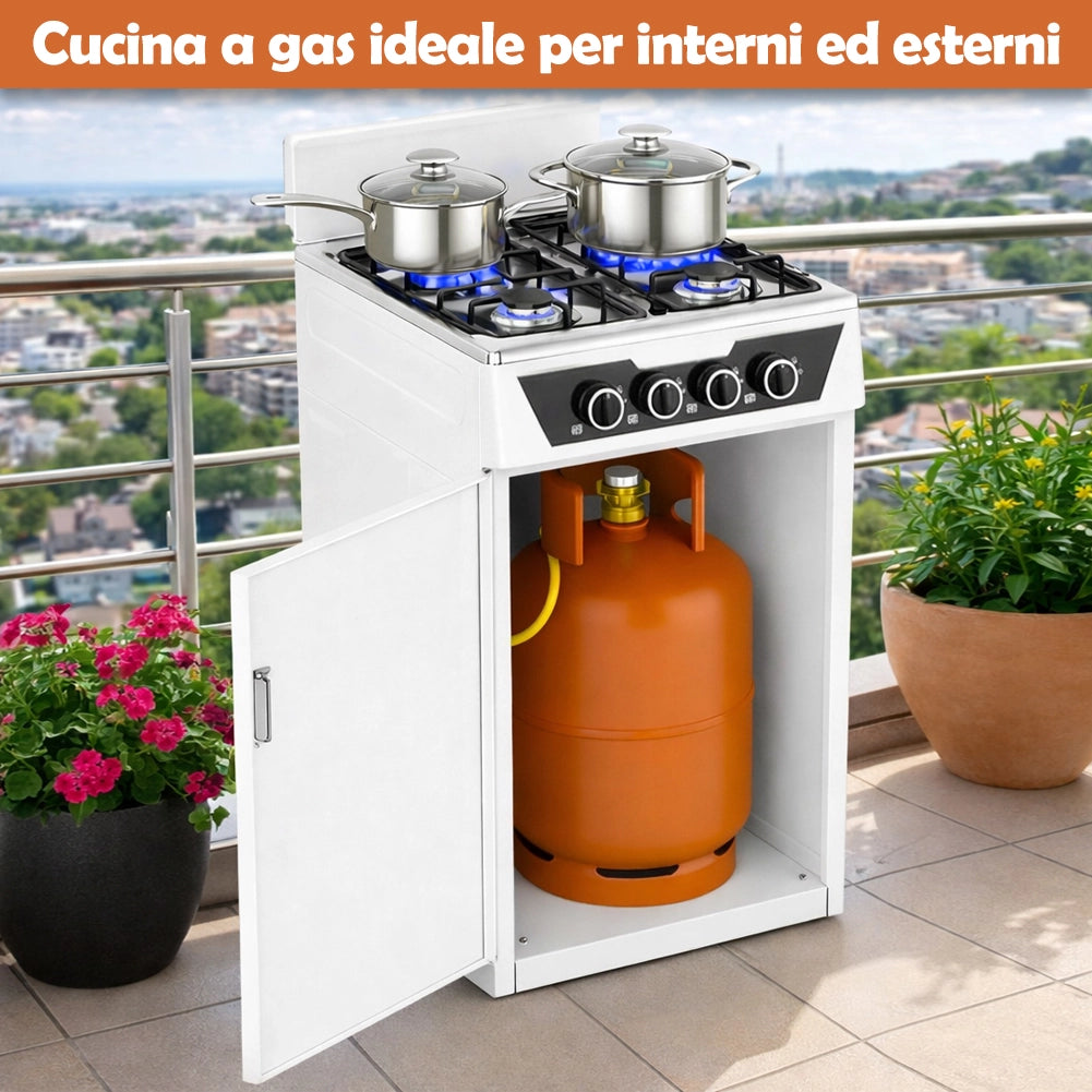 Cucina a Gas 4 Guochi da Esterni con Portabombola e Paravento Compatta Bianco