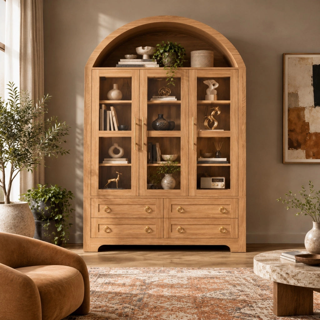 Credenza con 3 ante in vetro; 4 cassetti; vano aperto ad arco e maniglie in alluminio naturale 110 × 40 × 185 cm