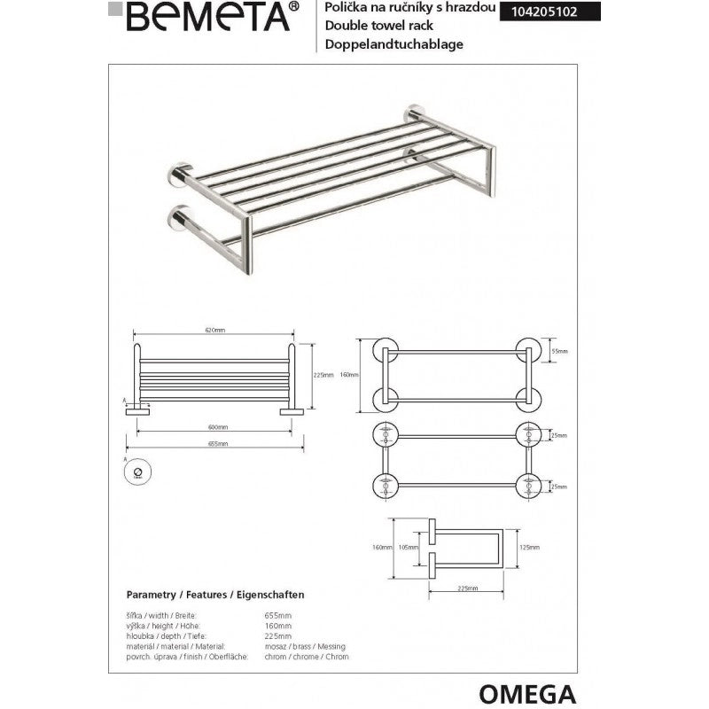 Portasciugamani con doppio trapezio OMEGA 65,5x16x22,5cm