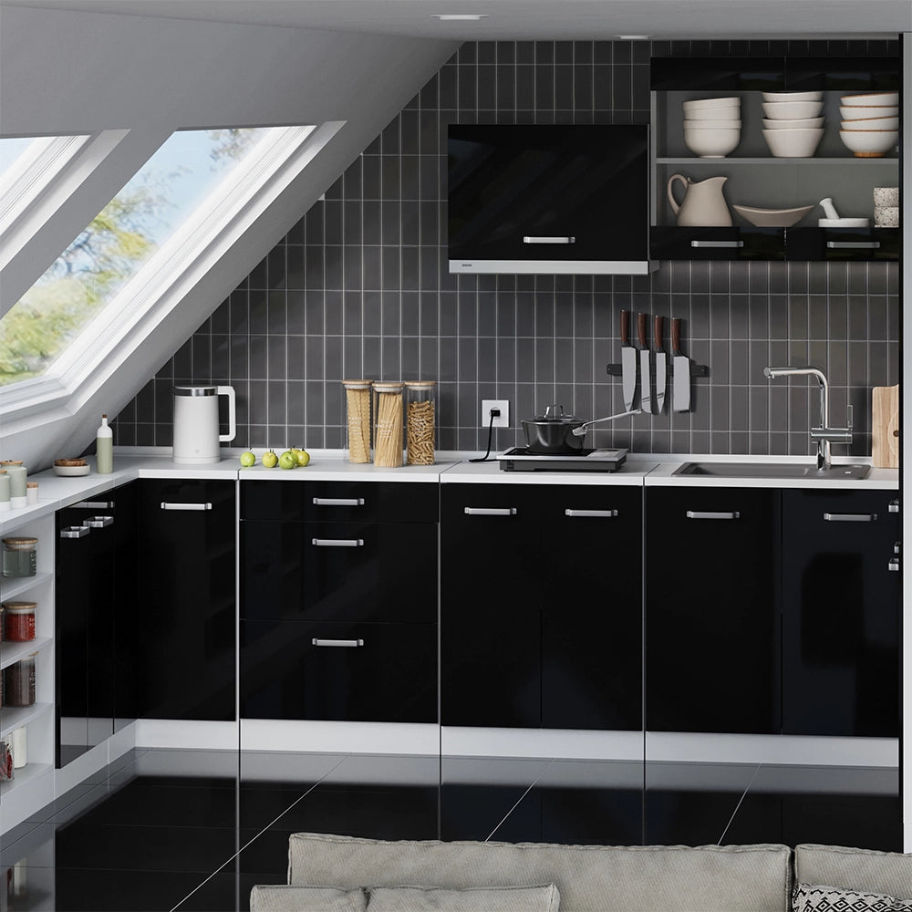 Mobile cucina sottotetto R-Line Nero lucido/Bianco 60 cm senza inclinazione con 3 cassetti Vicco