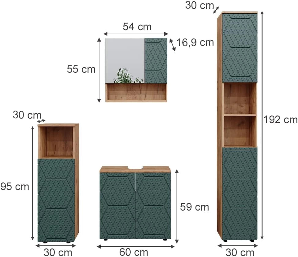 Set mobili bagno Irma, Quercia verde/oro, 4 pezzi, con colonna