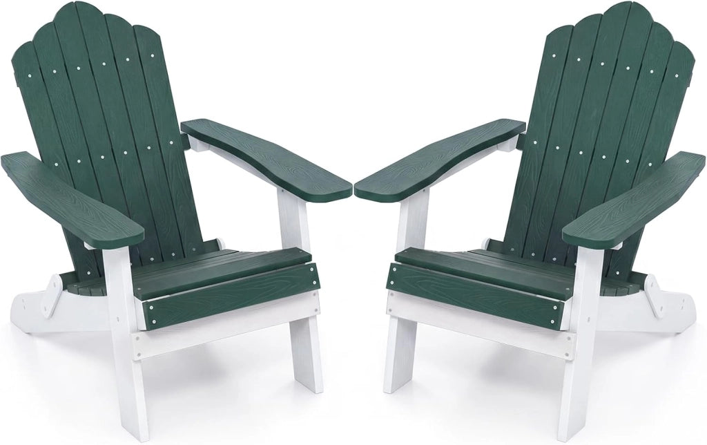 Sedia Adirondack Pieghevole da Giardino, Sedia da Patio in HIPS con Braccioli Larghi e Schienale Inclinato, Poltrona in Legno, per Giardino Cortile, Portata 180 kg (2, Verde+Bianco)