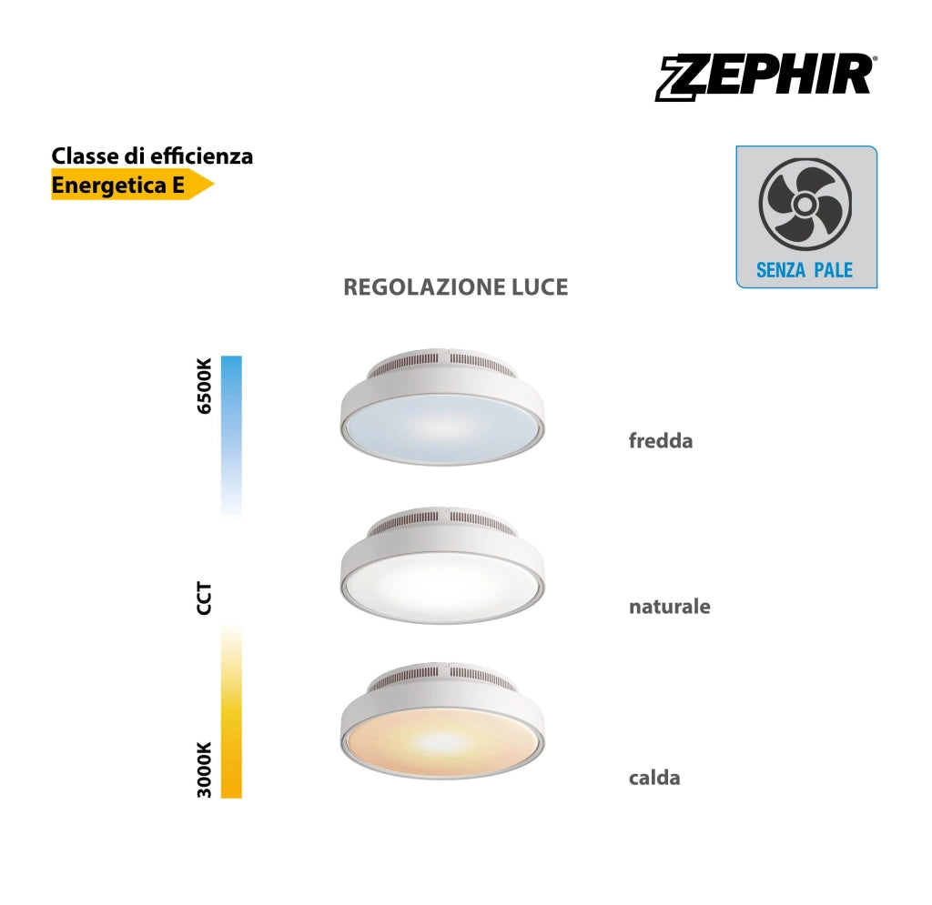 Ventilatore Plafoniera LED Zephir ZVP5 Senza Pale 52 cm Bianco, 5600 Lumen, Luce CCT Dimmerabile 3000K-6500K, Motore DC 6 Velocità