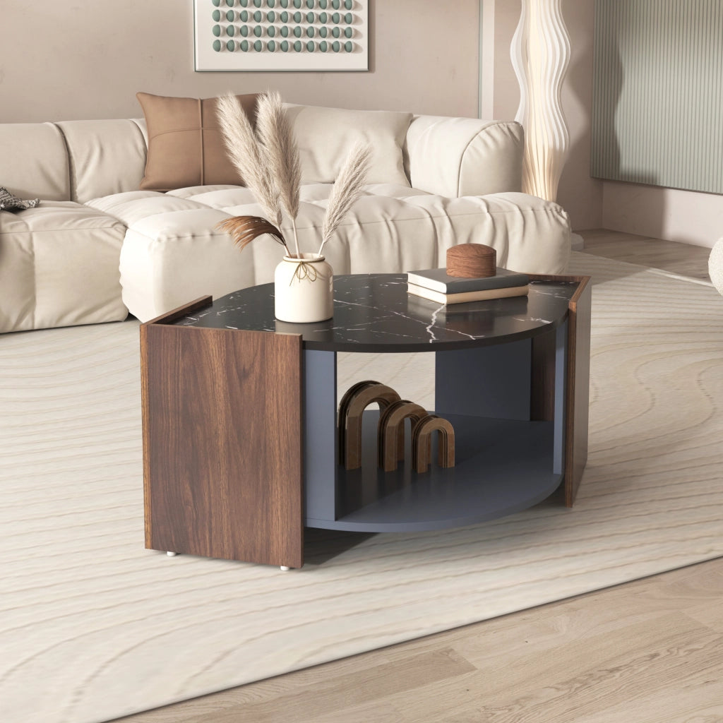 TAVOLINO DA CAFFÈ 96,5x63x40 cm Effetto marmo nero e legno, vano contenitore