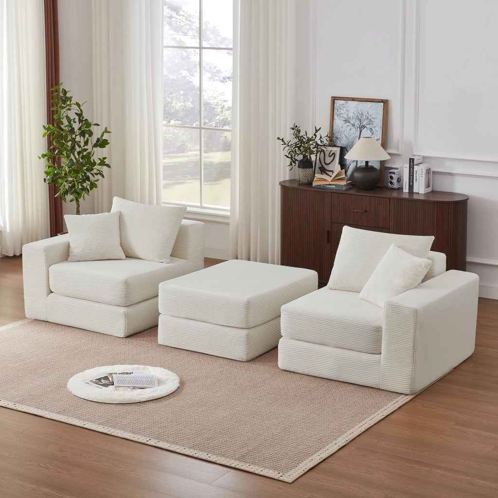 Divano modulare convertibile a 2 posti con schienale e braccioli ampi in velluto a coste bianco 259,5 × 96 × 80 cm