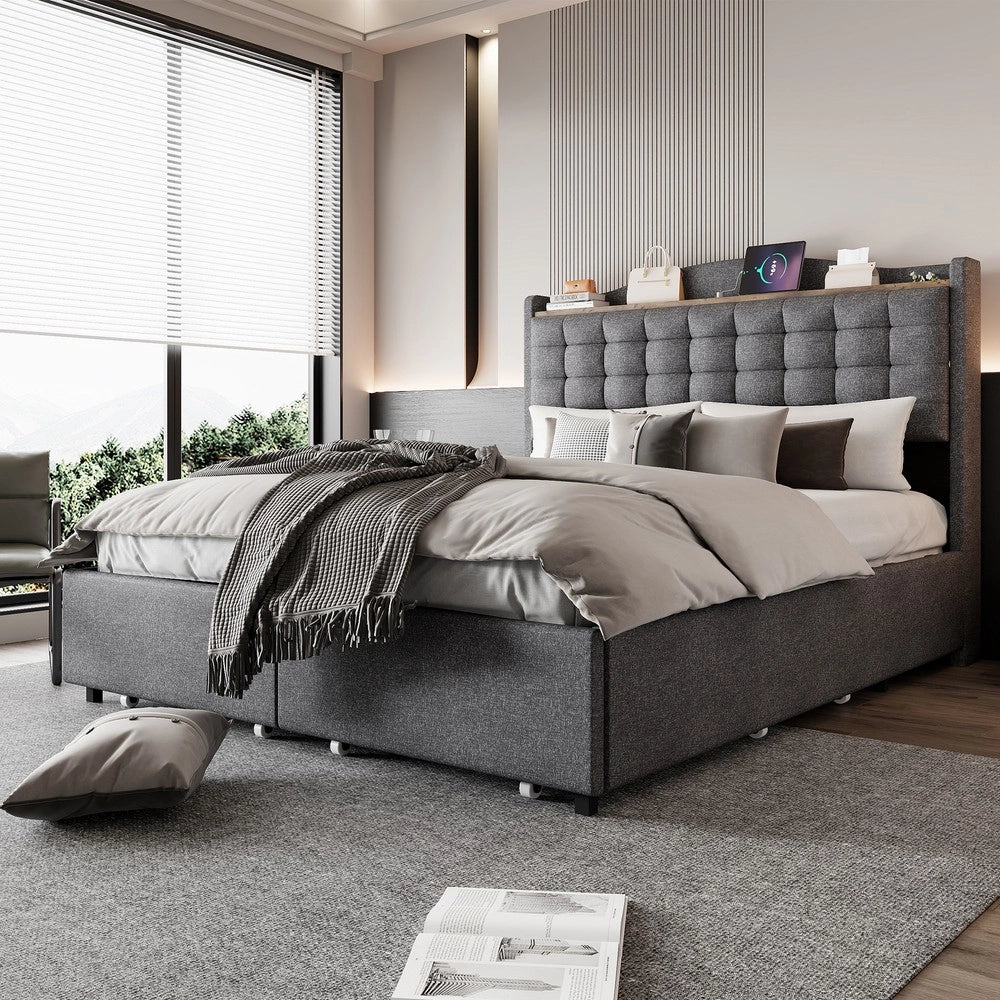 Letto Imbottito Matrimoniale con Cassetti e Comodini ¨C MINIMAL ¨C Tessuto Grigio 140x200