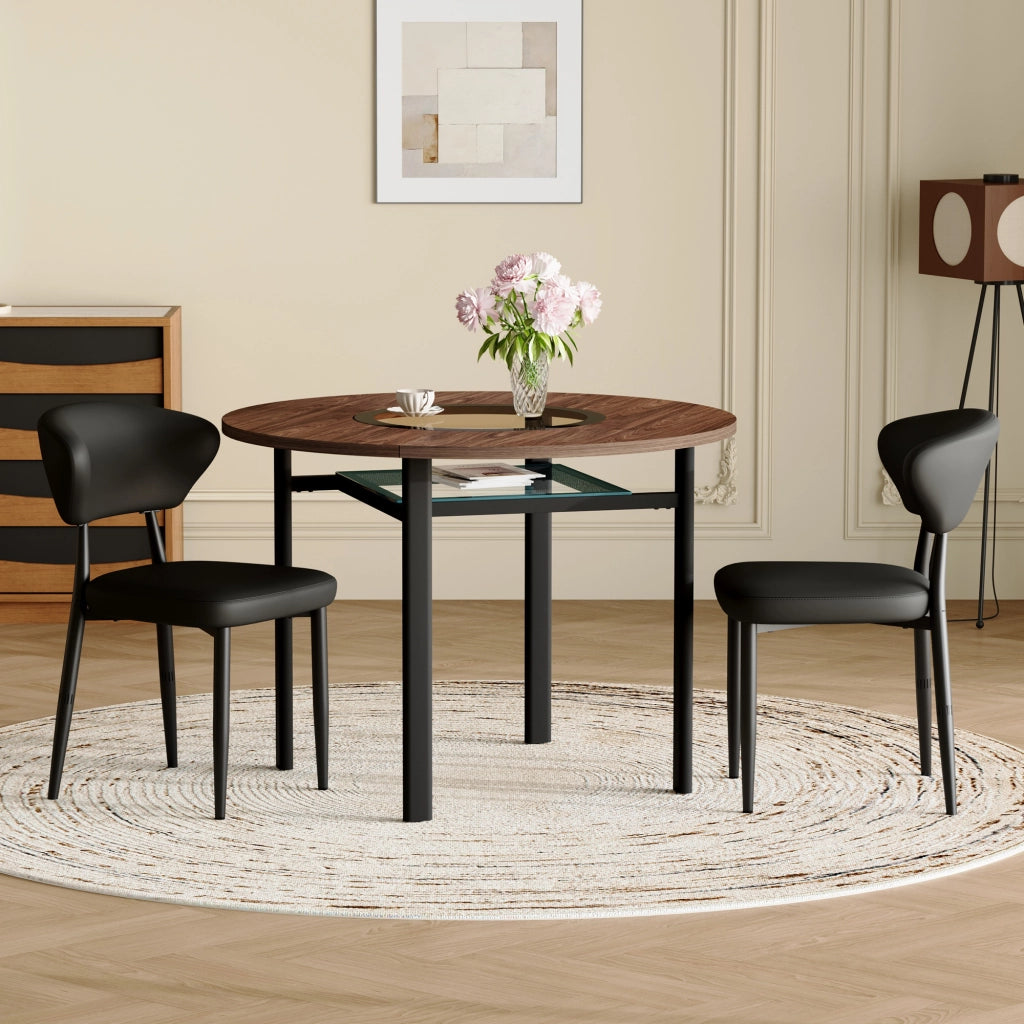 Set tavolo da pranzo rotondo con 2 sedie in PU, piano in MDF con inserto in vetro, per cucina e sala da pranzo 100 cm