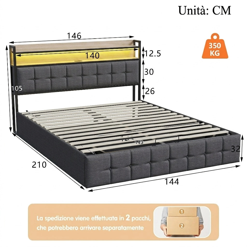 Letto matrimoniale 140x190 cm con contenitore LED USB testiera struttura letto MDF e PU - grigio