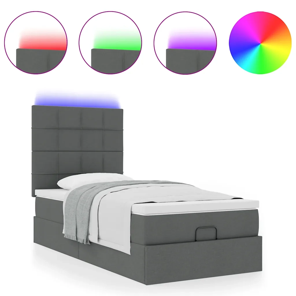 vidaXL Pouf Letto con Materasso e LED Grigio Scuro 90x200 cm Tessuto